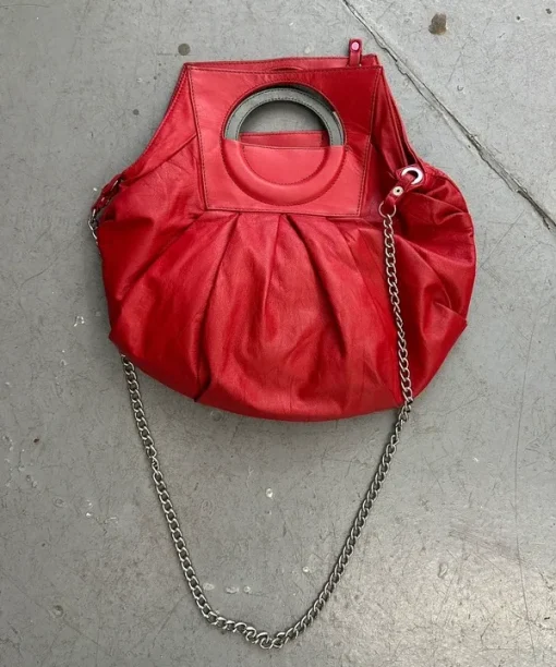 Alternative view of Vintage Red Leather Diesel Avant Garde Chain Slouch Handbag
