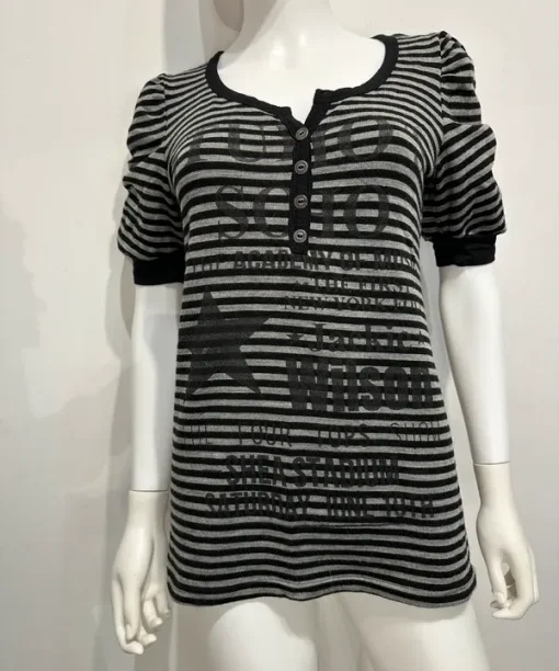Alternative view of Vintage Cache Cache Stripe Henley Button Top with Graphic Print detail (M)