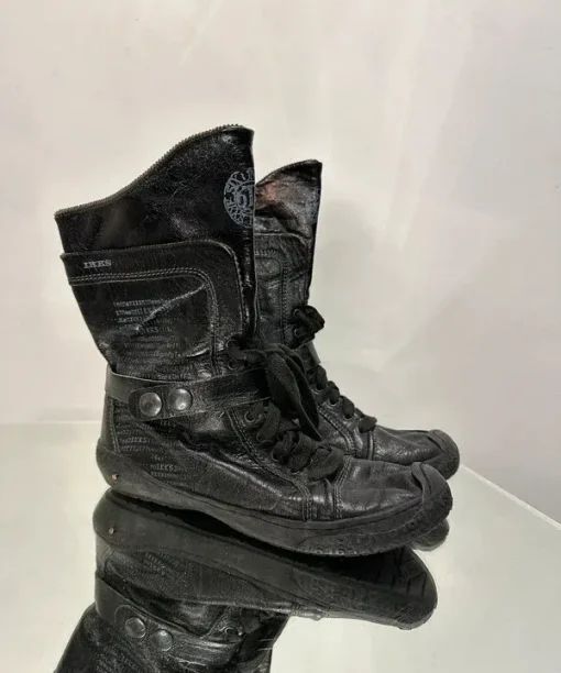 Vintage French IKKS Black Leather Lace Up Archive Utility Ankle Boots (UK 3)