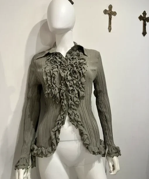 Alternative view of Vintage Green Whimsygoth Ruffle Sheer Button Blouse (S-M)