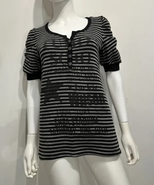 Vintage Cache Cache Stripe Henley Button Top with Graphic Print detail (M)