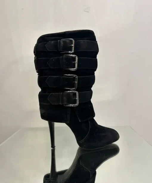 Vintage 2000s Y2K Moto Biker Buckle Stiletto Ankle Boots (UK 5)
