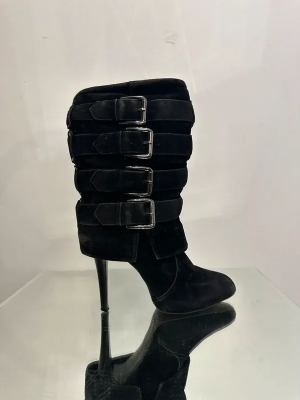 Vintage 2000s Y2K Moto Biker Buckle Stiletto Ankle Boots (UK 5)