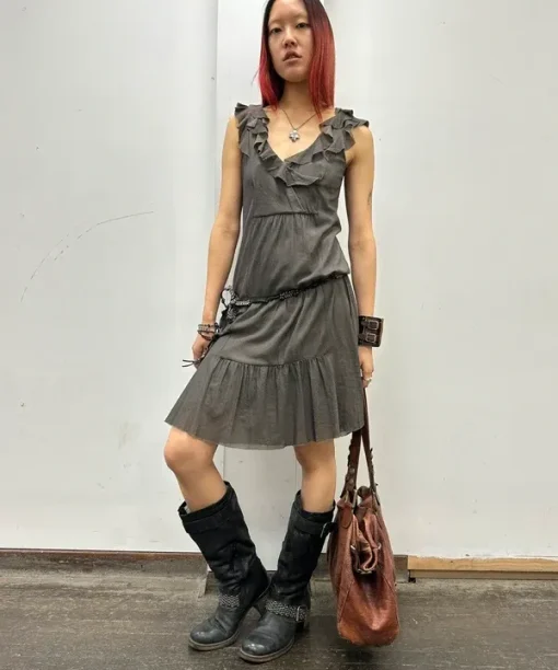 Vintage Cop Copine Khaki Mesh Coquette Summer Dress With Ruffles (S/M)