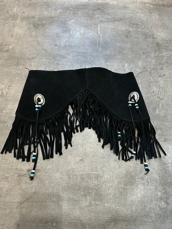 Vintage Black Bespoke Leather Fringe Boho Tassel Belt (XS-S) - Image 3