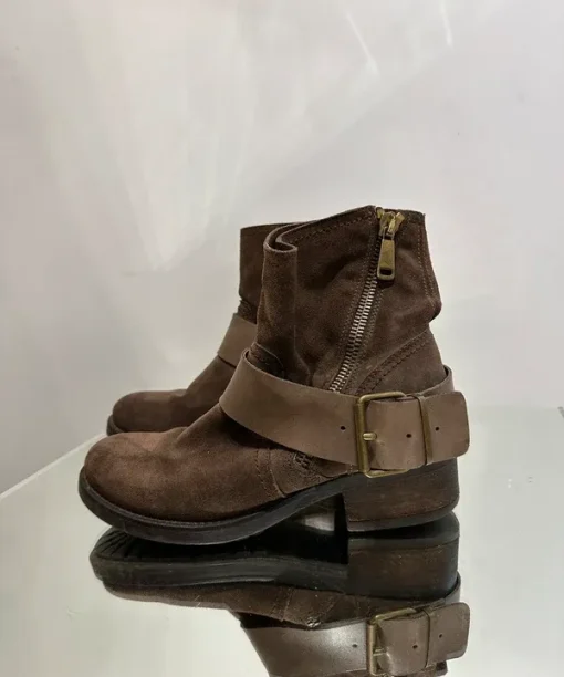 Vintage Boho Western Brown Suede Buckle Ankle Boots (UK 5 EU 38 US 7)
