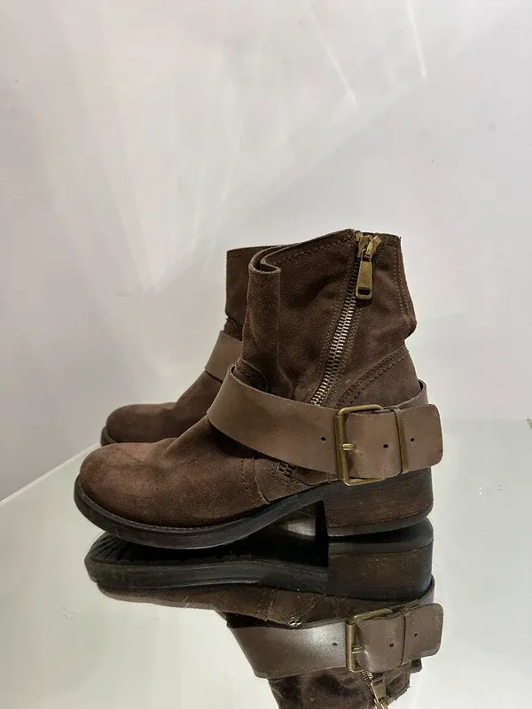 Vintage Boho Western Brown Suede Buckle Ankle Boots (UK 5 EU 38 US 7)