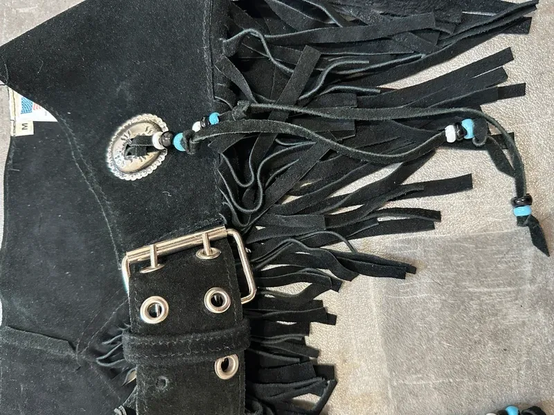 Vintage Black Bespoke Leather Fringe Boho Tassel Belt (XS-S) - Image 5