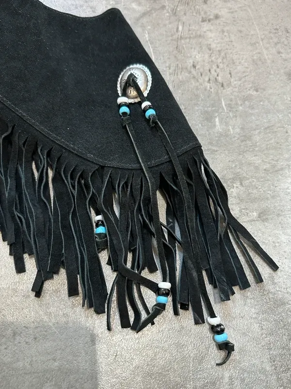 Vintage Black Bespoke Leather Fringe Boho Tassel Belt (XS-S) - Image 4