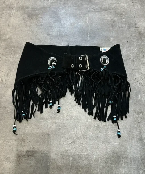 Vintage Black Bespoke Leather Fringe Boho Tassel Belt (XS-S)