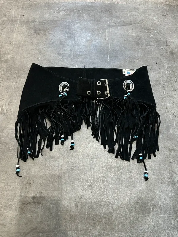 Vintage Black Bespoke Leather Fringe Boho Tassel Belt (XS-S)
