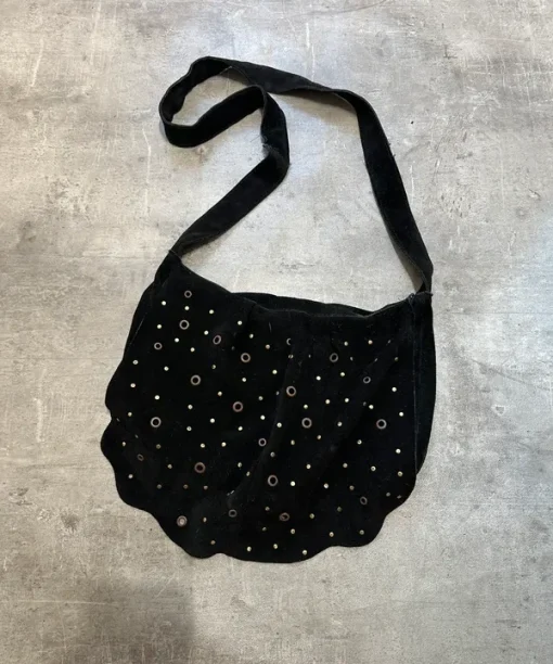 Vintage 2000s Eyelet Boho Chic Hippy Festival Black Suede Shoulder Bag