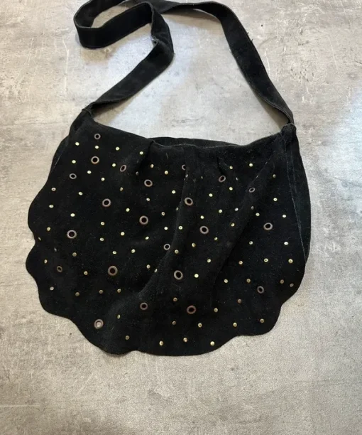 Alternative view of Vintage 2000s Eyelet Boho Chic Hippy Festival Black Suede Shoulder Bag