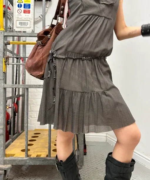 Alternative view of Vintage Cop Copine Khaki Mesh Coquette Summer Dress With Ruffles (S/M)