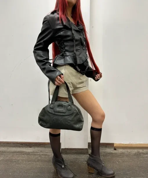 Alternative view of Vintage Black Leather Military Jacket with Lace up Sides (XS)