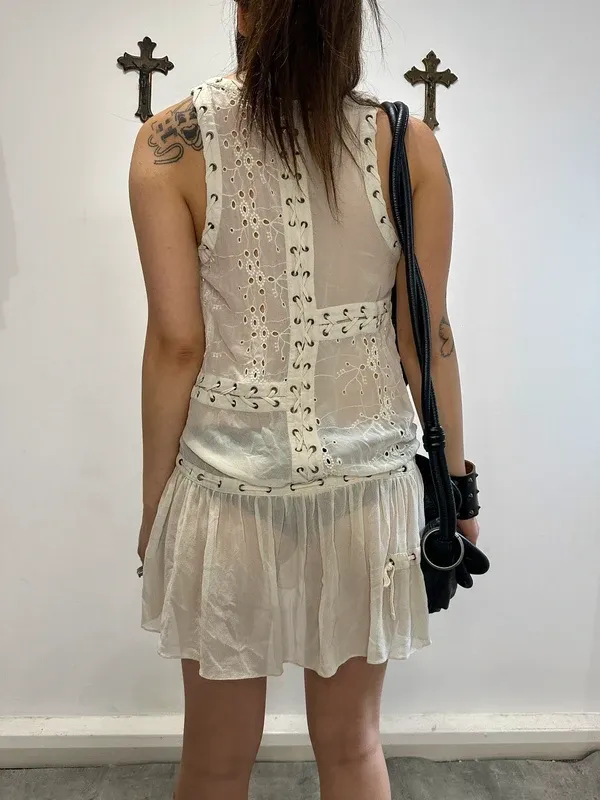 Vintage AllSaints Silk Coquette Milkmaid Lace Up Mini Dress (XS/S) - Image 5