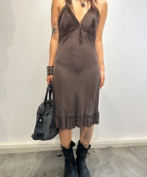 Vintage 90s Linen Lace Trim Ruffle Italian Midi Dress (S/M)