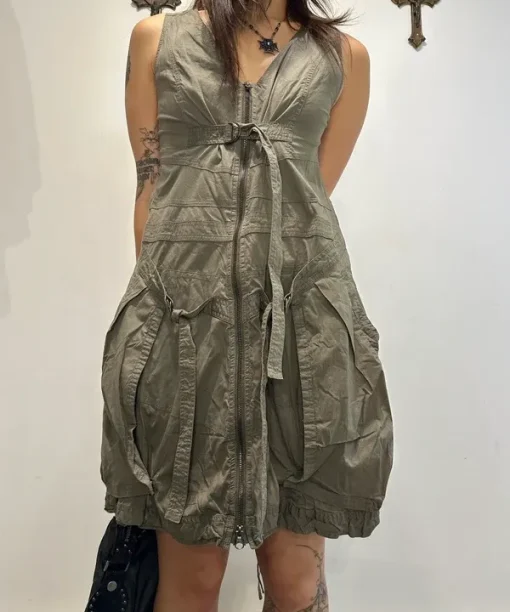 Alternative view of Parisian French Vintage Utility Khaki Green Cargo Midi Dress (S/M)