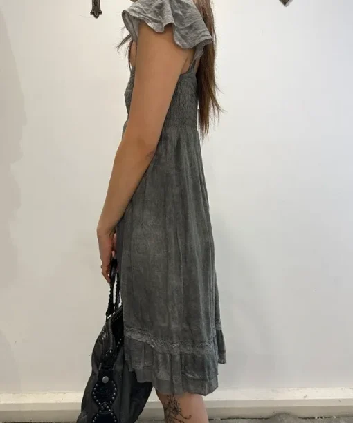 Vintage Italian Grunge Linen Milkmaid Midi Dress (S) - Image 4