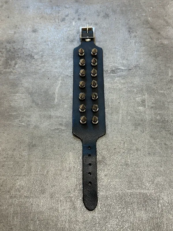 Black Leather Spike Studded Wrap Adjustable Bracelet (adjustable) - Image 3