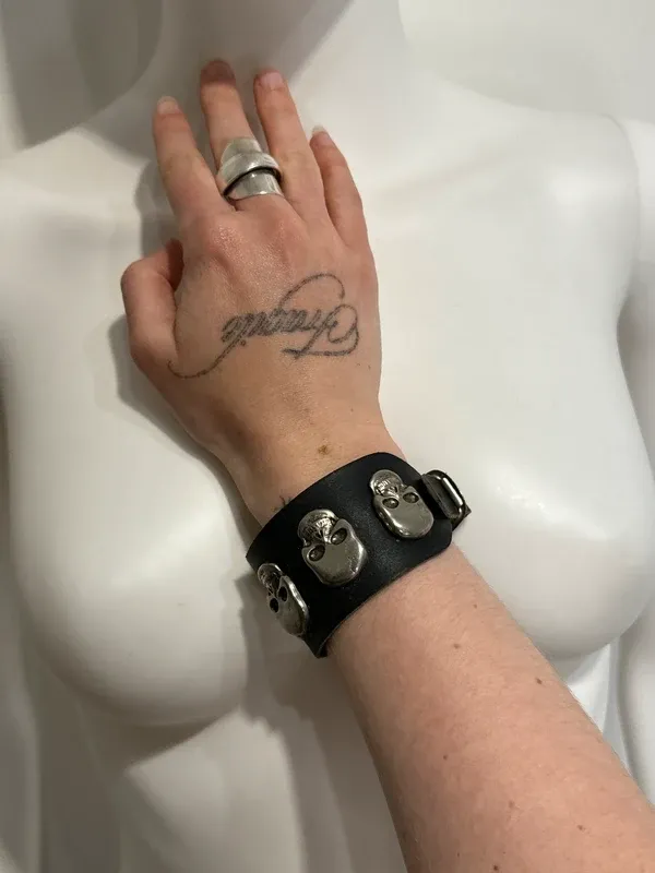Vintage Chrome Skull Leather Tie Bracelet