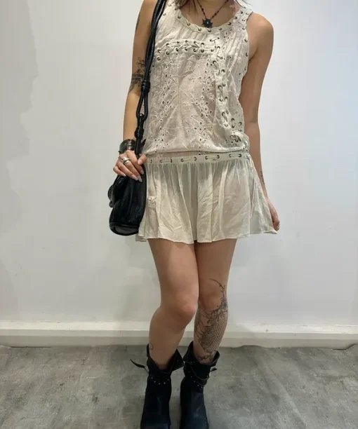 Alternative view of Vintage AllSaints Silk Coquette Milkmaid Lace Up Mini Dress (XS/S)