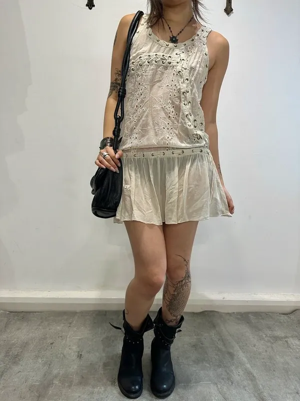 Vintage AllSaints Silk Coquette Milkmaid Lace Up Mini Dress (XS/S) - Image 2