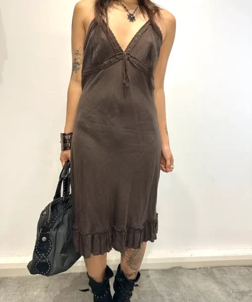 Alternative view of Vintage 90s Linen Lace Trim Ruffle Italian Midi Dress (S/M)