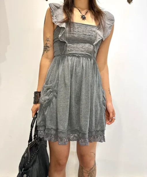 Vintage Superdry 2010s Coquette Jersey Lace Ruffle Mini Dress (XS)