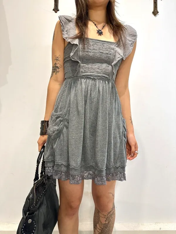 Vintage Superdry 2010s Coquette Jersey Lace Ruffle Mini Dress (XS)