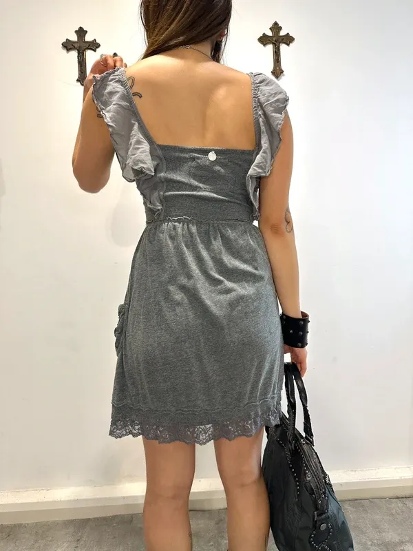 Vintage Superdry 2010s Coquette Jersey Lace Ruffle Mini Dress (XS) - Image 6