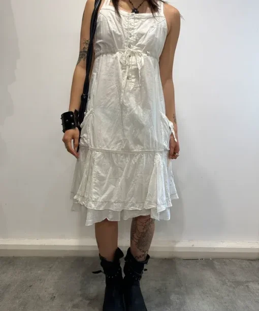 Vintage European White Milkmaid Cotton Summer Dress (S)