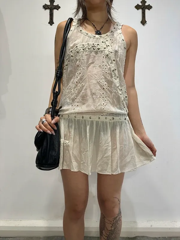 Vintage AllSaints Silk Coquette Milkmaid Lace Up Mini Dress (XS/S)