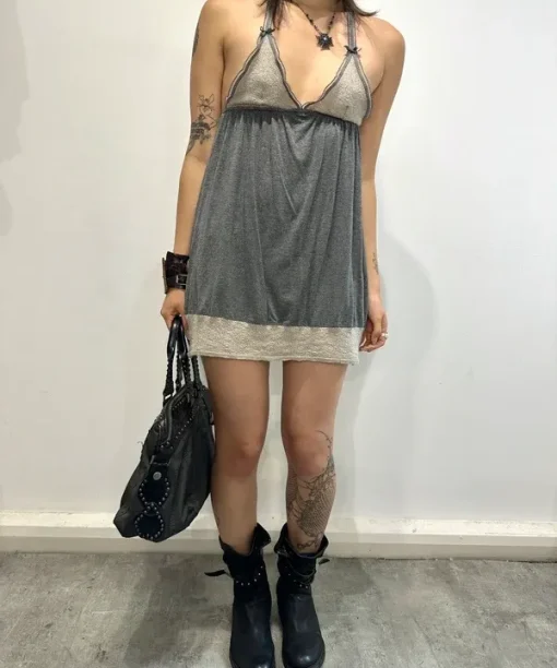 Vintage Lace Knit Jersey Blackless Strappy Mini Dress (XS)