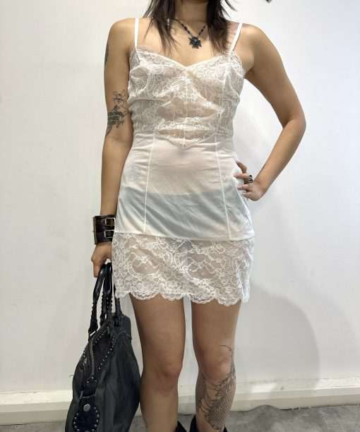 Vintage 90s White Sheer Lace Slip Dress (S)