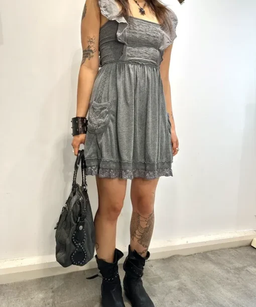 Alternative view of Vintage Superdry 2010s Coquette Jersey Lace Ruffle Mini Dress (XS)