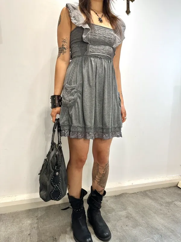 Vintage Superdry 2010s Coquette Jersey Lace Ruffle Mini Dress (XS) - Image 2