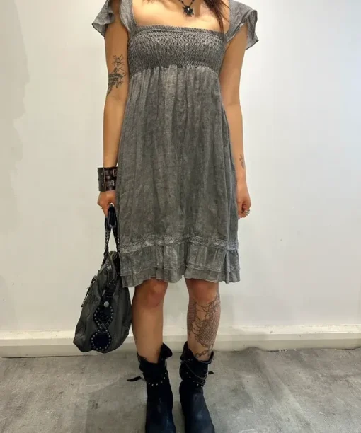 Vintage Italian Grunge Linen Milkmaid Midi Dress (S) - Image 3