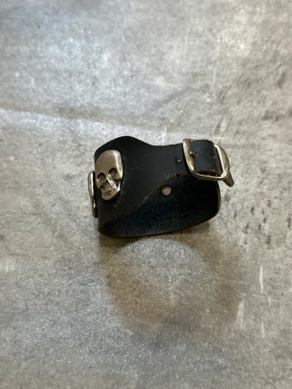 Vintage Chrome Skull Leather Tie Bracelet - Image 5
