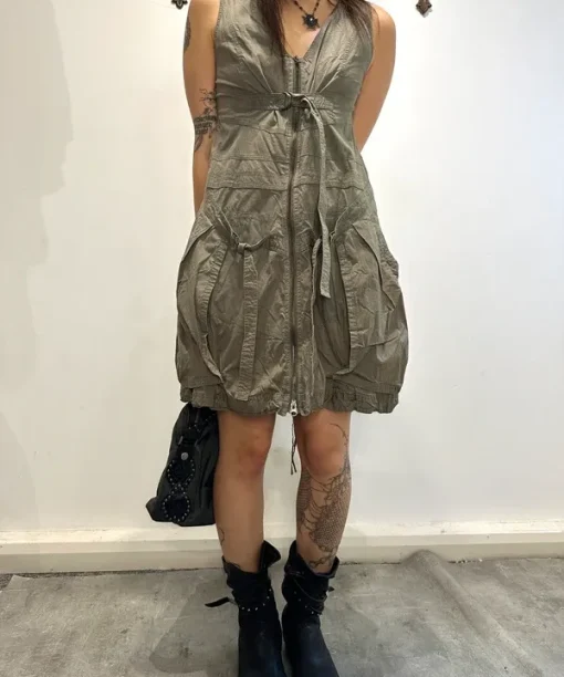 Parisian French Vintage Utility Khaki Green Cargo Midi Dress (S/M)