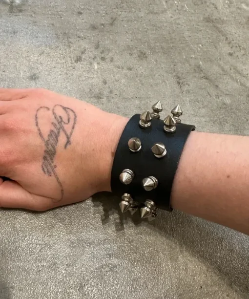 Black Leather Spike Studded Wrap Adjustable Bracelet (adjustable) - Image 4