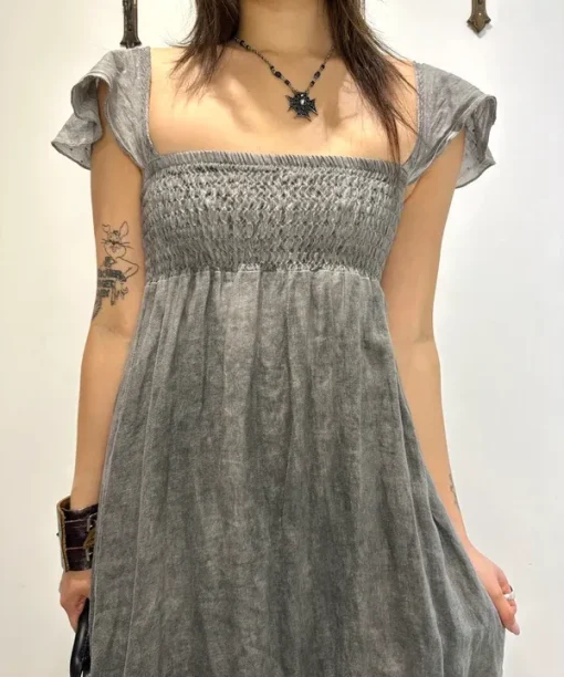 Alternative view of Vintage Italian Grunge Linen Milkmaid Midi Dress (S)
