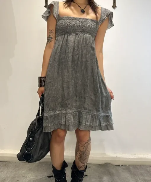 Vintage Italian Grunge Linen Milkmaid Midi Dress (S)