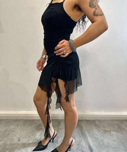 Vintage Black Ruffle Mesh Mini Dress (XS/S) - Image 2