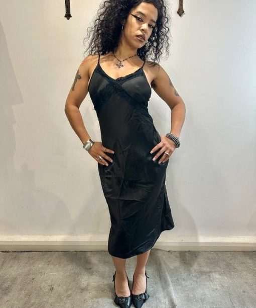 Vintage Black Silk Lace Slip Midi Dress (S)
