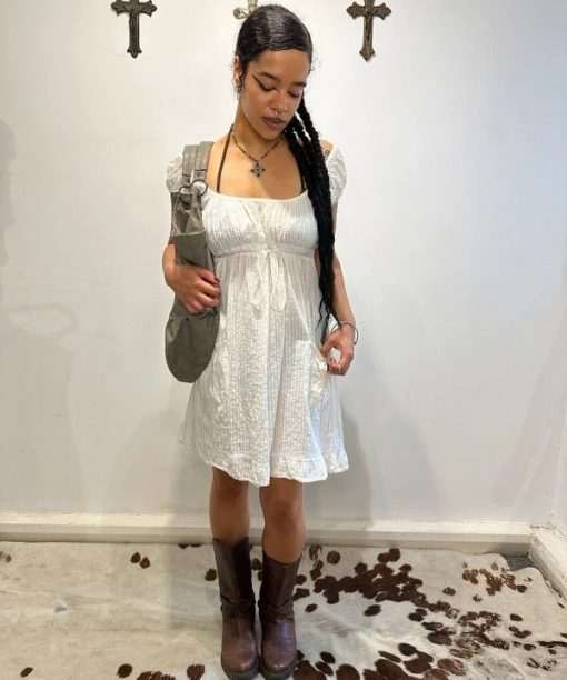 Vintage Cotton Milkmaid Mini Dress with Capped Sleeves and Tie Back Pockets