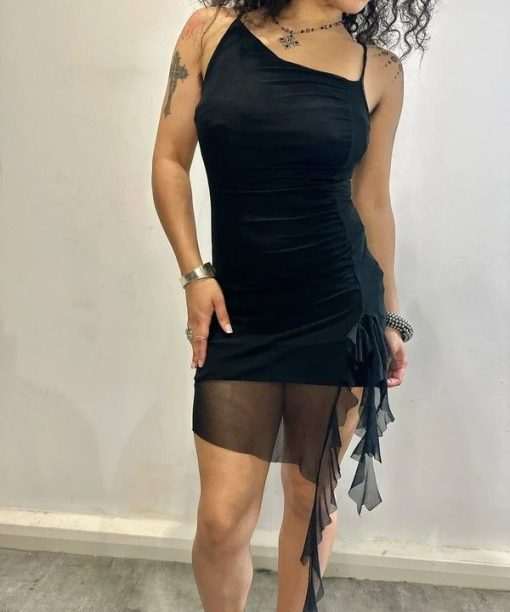 Vintage Black Ruffle Mesh Mini Dress (XS/S) - Image 3