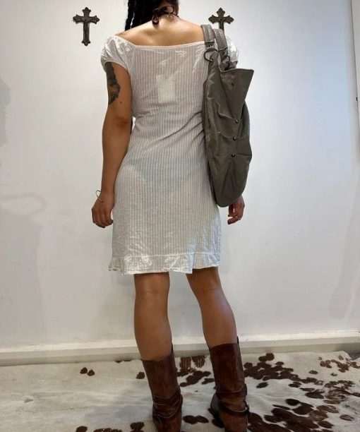 Alternative view of Vintage Cotton Milkmaid Mini Dress with Capped Sleeves and Tie Back Pockets