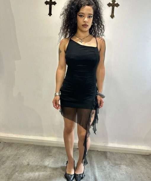 Vintage Black Ruffle Mesh Mini Dress (XS/S)