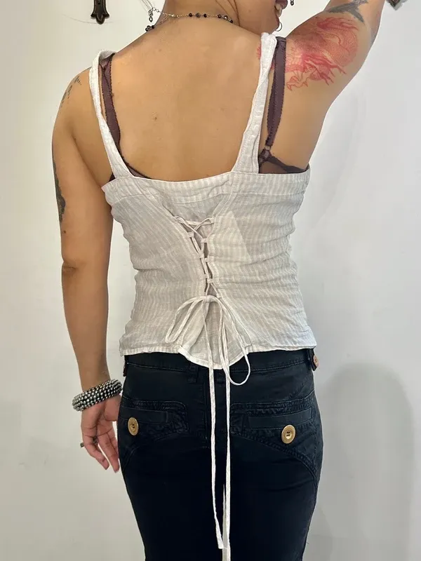 French Vintage Lace up Back Cotton Milkmaid Top (S/M-M) - Image 6